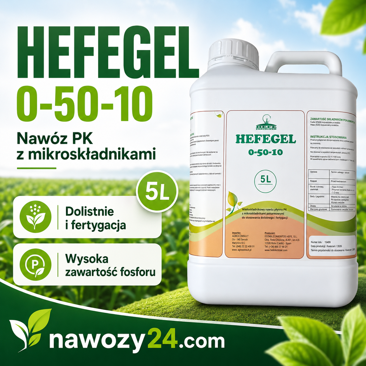 HEFEGEL 0-50-10 | fosforowo-potasowy nawóz płynny do fertygacji i dokarmiania dolistnego